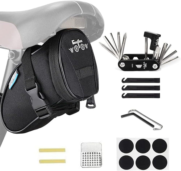 WOTOW Bike Repair Tool Kit & Saddle Bag, 14 in 1 Chain Tool Hex Key Wrench Multitool Set with Portable Under Seat Bag
