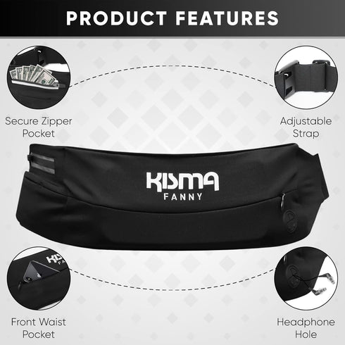 Kisma Running Fanny Pack and Sport Waist Belt for Runners, Hikers, and Travelers, Lightweight Moisture-Wicking Neoprene, Long Adjustable Strap to Fit Men and Women (Black)