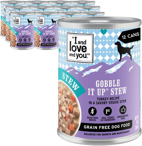 I AND LOVE AND YOU Wet Dog Food, Gobble It Up Stew, Turkey Recipe, Grain Free, 13 oz Can, 12 Pack