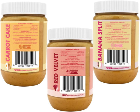 Carrot Cake + Red Velvet + Banana Split BUDDY BUDDER, 100% Natural Dog Peanut Butter, Healthy Treat, Made in USA (set