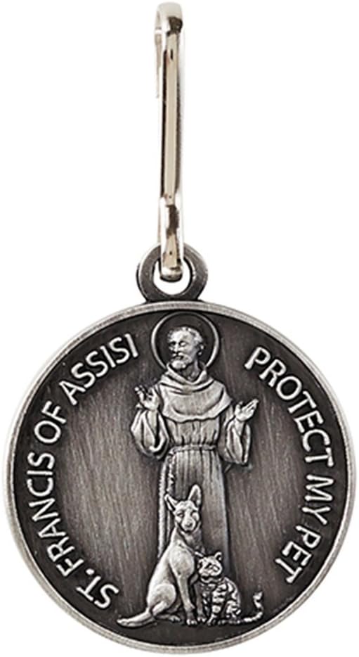 Silver Toned Saint St Francis Protect My Pet Collar Medal, 1 Inch with Blank Back