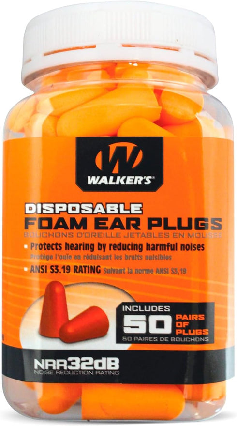 Walker's 32dB Noise-Canceling Foam Earplugs, 50 Pairs, Security Sealed Jar, Orange