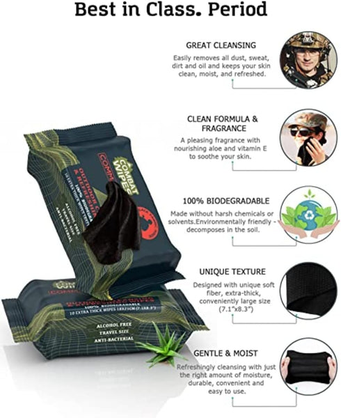 COMMANDO Backpacking Black Unscented Camouflage Wet Wipes - Combat Wipes - Thick Biodegradable, Heavy Duty Cleansing