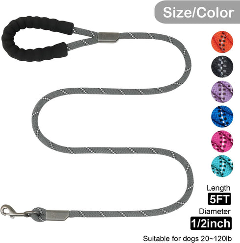 5FT Heavy Duty Dog Leash with Padded Handle, Reflective Thread Mountain Climbing Rope Leash for Small Medium Large Dogs