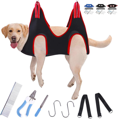 plplaaoo Dog Grooming Hammock, Breathable Thickened Pet Harness with Nail Clipper & Comb for Cats, Red