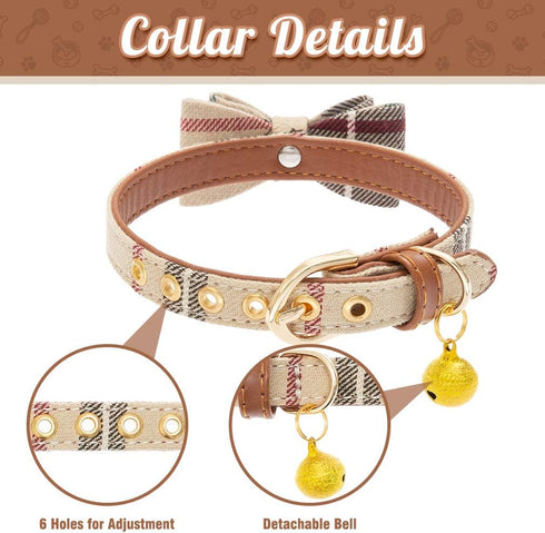 EXPAWLORER Small Dog Collar and Leash Set - Plaid Bow Tie and Bandana Collar with Bell, Adjustable for Small Medium Dogs