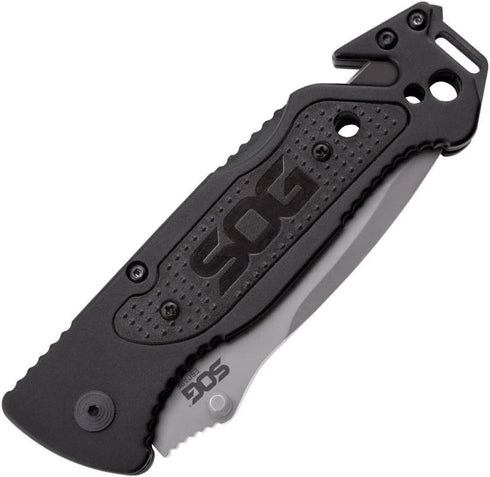 SOG Escape Tactical Folding Pocket Knife - 3.4 Inch Serrated Edge Blade with Glass Breaker, Black