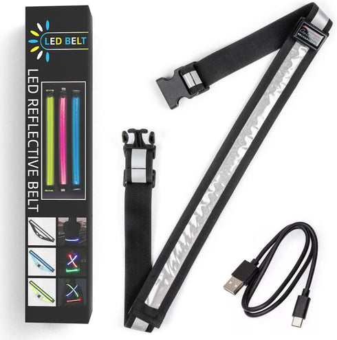 LED Reflective Running Gear, High Visibility Reflective Belt Sash with USB Rechargeable Safety Light for Night Running