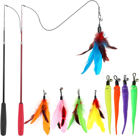Interactive Cat Toys - Retractable Wand Toy and Feather Toys Refills for Indoor Cats