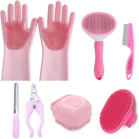 KEEPLKVOC 8PCS Dog Bath Supplies SetDog Washing GlovesShampoo Brush, Shedding Slicker BrushComplete Pet