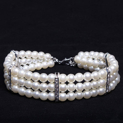 Fancy 3 Row Pearls Diamond Dog Necklace - Bling Rhinestones Jewelry for Small Dogs, Neck Size: 10"-12"