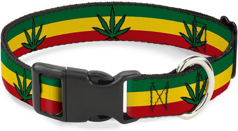 Plastic Clip Collar, Marijuana Leaf Repeat Rasta, Narrow-Small, 6-9"