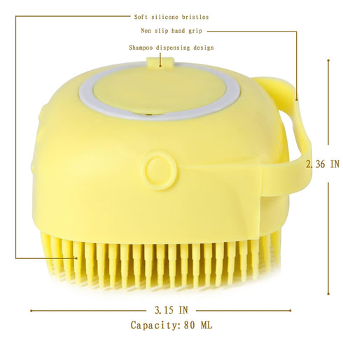 Dog Bathing Brush, Pet Massage Shampoo Dispenser, Soft Silicone Rubber Bristle for Dogs and Cats Grooming (Yellow)