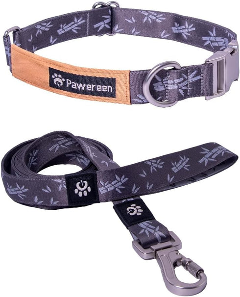 Premium Dog Combo Collar & Leash Set, Durable Metal Buckle, Fashionable Recycled Webbing, Size S, Bamboo