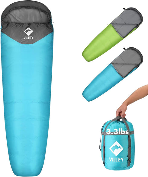 VILLEY Mummy Sleeping Bag - Lightweight Backpacking Sleeping Bag for Adults & Kids, 3-4 Seasons