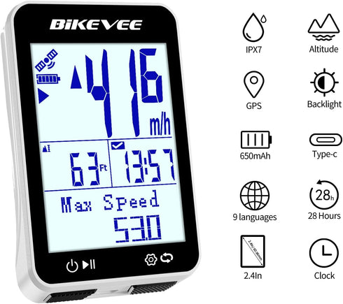 IPX7 2.4" GPS Speedometer & Odometer - Wireless Bike Computer, Auto Start/Stop, Auto Backlight, Waterproof, LCD
