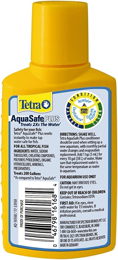 Tetra AquaSafe Plus 3.38 Ounces, Aquarium Water Conditioner And Dechlorinator