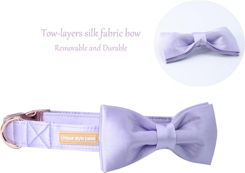 Unique Style Paws Purple Silk Dog Collar with Bow, Adjustable Soft Bowtie Collar for Female X-Large Dogs