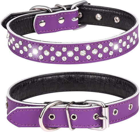 Rhinestones Dog Collar - Adjustable Sparkly Crystal Studded Genuine Leather Collar for Small and Medium Dogs (S, Purple)