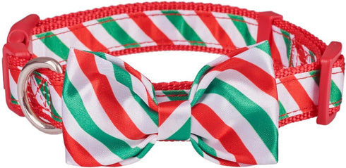 Holiday Christmas Dog Collar with Detachable Bow Tie, Adjustable for Small Dogs & Puppies, Neck 10"-15”