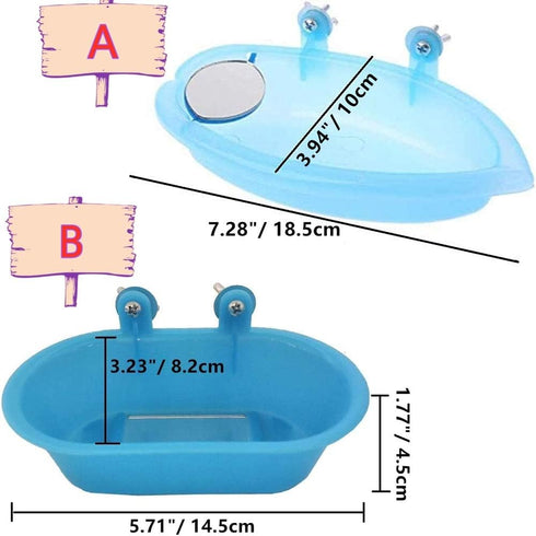 2 PCS Bird Bathtub with Mirror Toy, Durable Plastic Shower Tub Cleaning Tool for Small Parakeet Cockatiel.