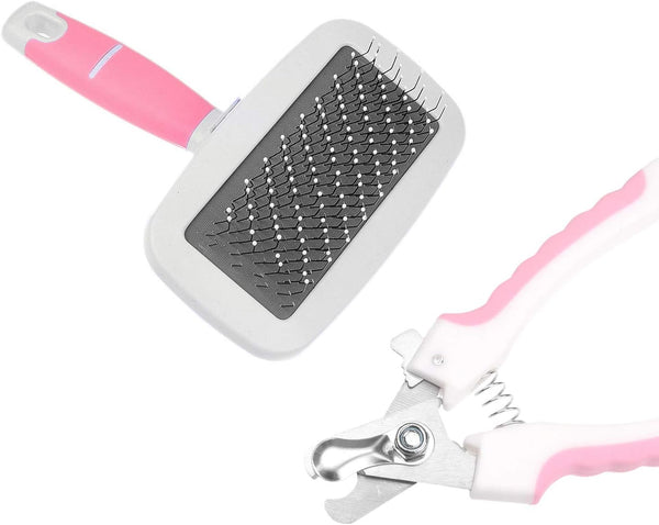 Slicker Brush and Nail Clippers for Dogs, Cats, Essential Grooming Tools for Claw Care and Trimming