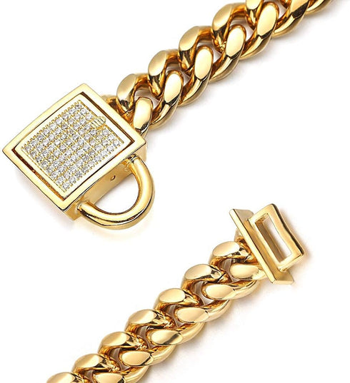 Gold Dog Chain Collar, 10mm Wide Cuban Link Puppy Collar with CZ Diamond Lock for Medium Dogs (14inch)