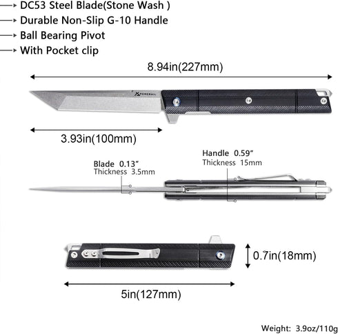 DC53 G10 Flipper Pocket Folding Knife, Steel Blade and Black Handle, with Pocket Clip and Glass Breaker, EDC Tool Knife
