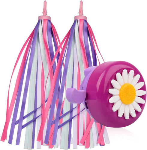 Kids Streamers and Bike Bell for Girls - 1 Pack Flower Bicycle Bell with 2 Pack Handlebar Streamers for Children's Bike
