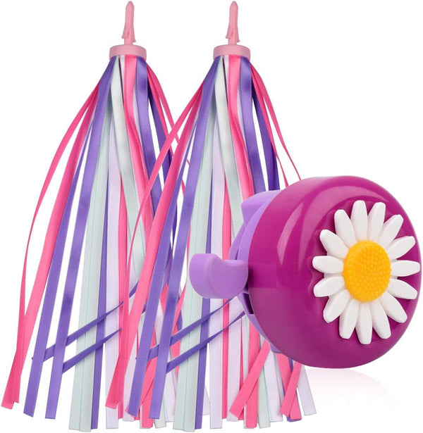 Kids Streamers and Bike Bell for Girls - 1 Pack Flower Bicycle Bell with 2 Pack Handlebar Streamers for Children's Bike