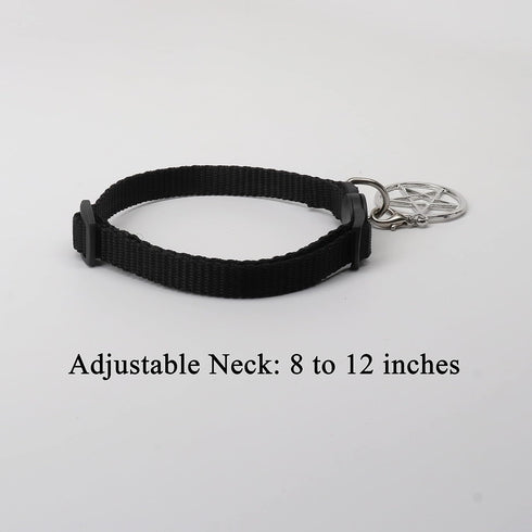 Black Cat Collar with Wiccan Pagan Pentacle, Silver Finish on Safety Breakaway Collar, Adjustable Neck Size
