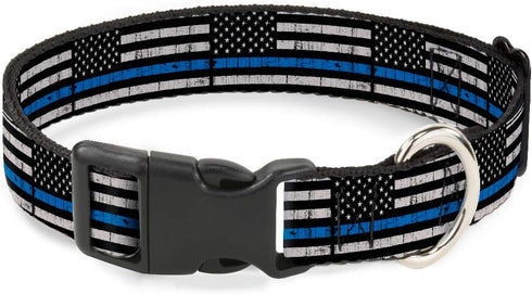Buckle-Down Plastic Clip Collar - Thin Blue Line Flag, Weathered Black/Gray/Blue, 1" Wide, Fits 15-26" Neck