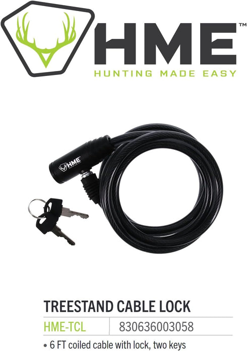 HME Self-Coiling 6-Foot Protective Hunting Tree Stand Cable Lock, Durable and Reliable, 2 Keys Included