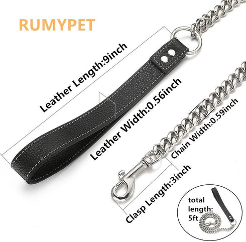 Silver Chain Dog Leash 15MM Solid Chew Proof 316L Stainless Steel Cuban Link Chain with Leather Handle 3FT/4FT/5FT for
