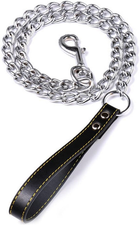 Chain Dog Leash with Leather Handle, 4 Feet Black