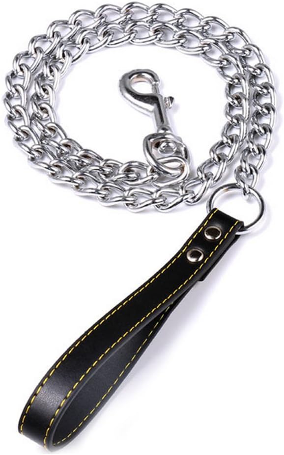 Chain Dog Leash with Leather Handle, 4 Feet Black