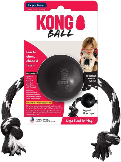 KONG Extreme Ball with Rope, Durable Fetch Toy for Tug and Playtime, Black for Large Dogs