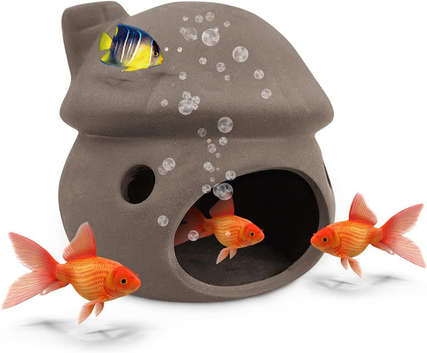 WishLotus Aquarium Cave Decoration, Durable Ceramic Fish Tank Ornament Mushroom House for Betta and Shrimp