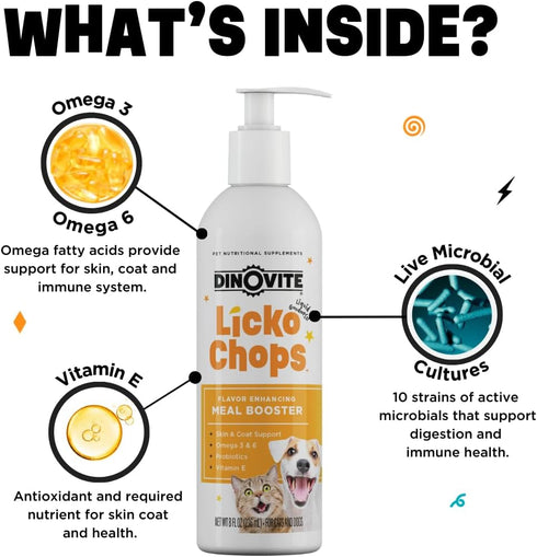 Dinovite Lickochops Supplement for Dog & Cat, Enhanced with Omega-6, 3 Fatty Acids, Probiotics, Vitamin E, 16 oz