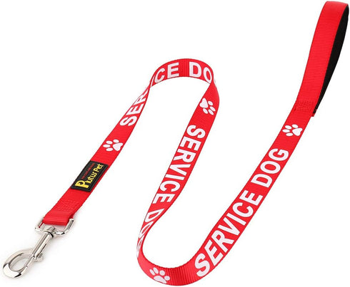 Plutus Pet Service Dog Leash with Soft Neoprene Padded Handle, Printed in Large Letters, 4ft Long, Red, 1" Wide for