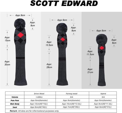 Scott Edward 4 Pieces Knit Wood Golf Club Head Covers, Fit Over Driver Wood and Fairway Wood