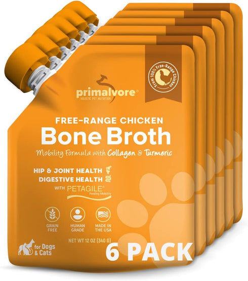 Primalvore Free-Range Bone Broth for Dogs & Cats, Mobility Formula with Collagen Peptides for Hip & Joints, Digestion,