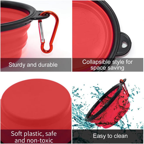 Dog Bowl Pet Collapsible Bowls, 2 Pack Portable Water Bowls for Cats Dogs with 2 Carabiners (Small, Blue + Red)