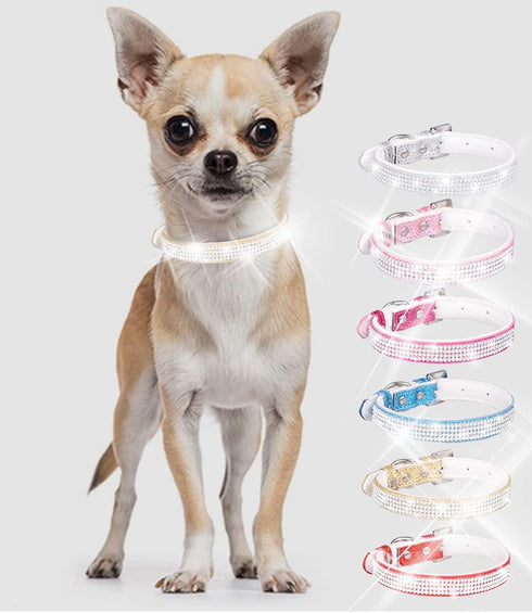 Adjustable Dazzling Sparkling Leather Bling Dog Collar, Crystal Diamond Dog Collar for Small Dogs, Rhinestone Cat