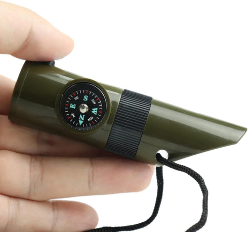 Multifunctional 7 in 1 Camping Hiking Outdoor Whistle with Compasses, Magnifier, LED Flashlight, Thermometer