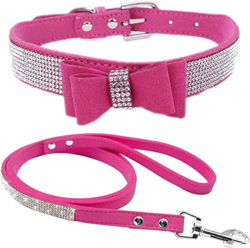 Cute Dazzling Sparkling Soft Suede Leather Bling Rhinestone Pet Collar and Leash Combo Set (S, Hot Pink)