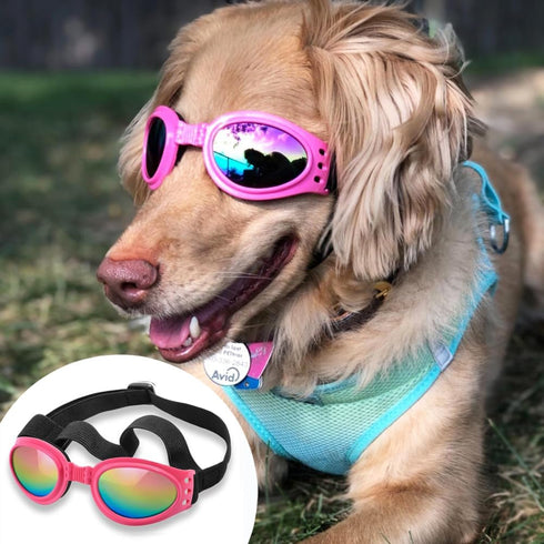 QUMY Dog Sunglasses - Goggles for Medium Large Breed Dogs, Pink, with Adjustable Strap for Protection