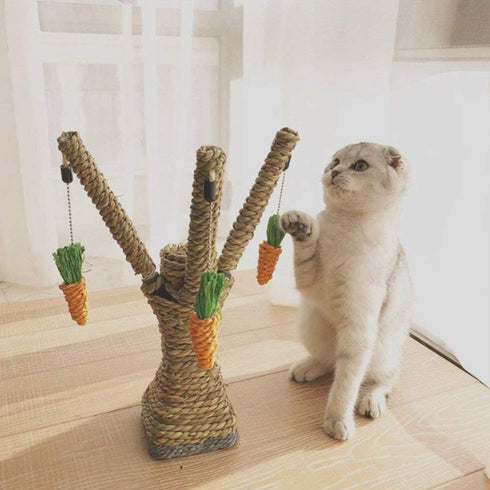 Pet Climbing Tree Toy - Rattan Grass Scratcher Activity Center with Carrot for Cat, Rabbit, Hamster, Small Animals