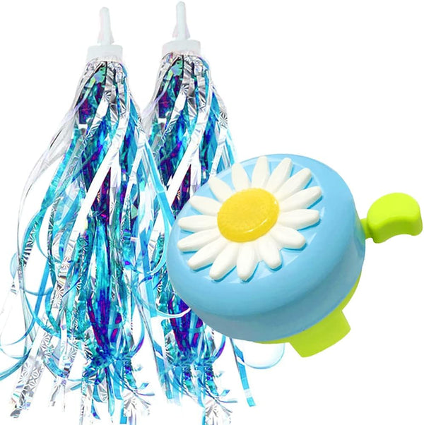 Kids Bike Bell and Streamers for Girls - 1 Pack Flower Bicycle Bell with 2 Pack Bike Streamers