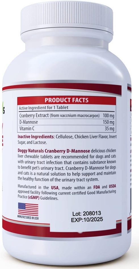 Cranberry D-Mannose for Dogs and Cats, 60 Count Tablets for Urinary Tract Infection Support and Kidney Health